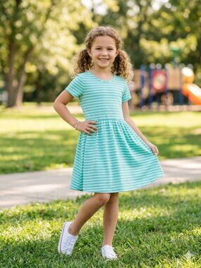 Pat Pat Mint Green White Striped Short Sleeve Jersey Skater Dress Toddler Girl 3